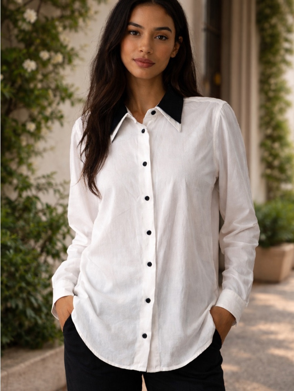 Equipment White Button-Down Shirt with Black Collar